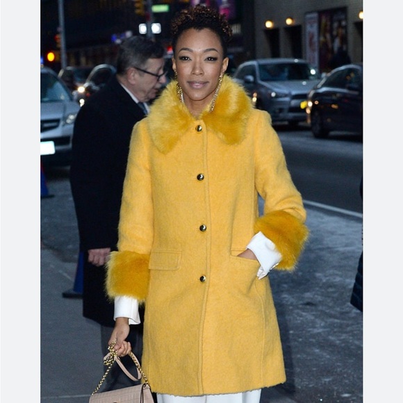 Kate Spade Yellow Faux Fur Coat, size 10 - Picture 6 of 6